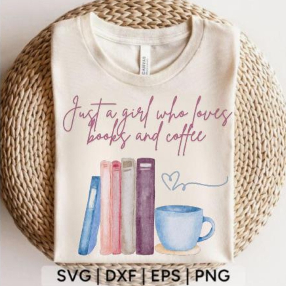 White Graphic Tee with Books and Coffee Design